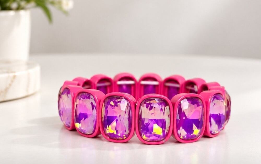 Alloy Hot Pink AB Purple Stone Stretch Bracelet New